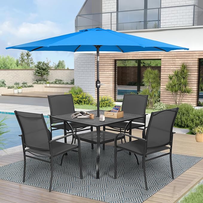 Crownland 5 Piece Patio Dining Set, Textilene Dining Sets, 4 Textilene Metal Chairs and Square Outdoor Dining Table with Sky Blue 9FT Round Outdoor Umbrella (Black)