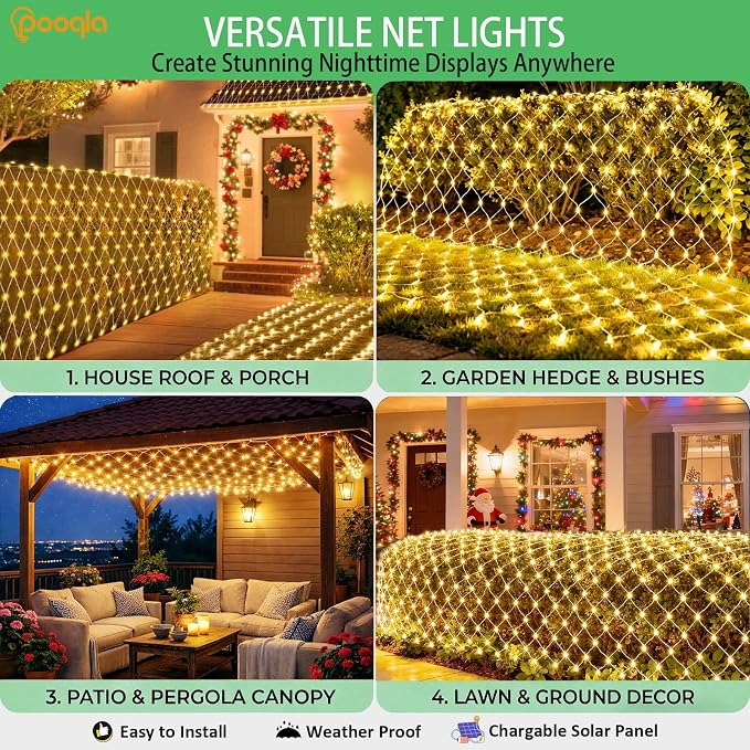 Solar Net Lights, 10x10ft 280LED Gazebo Net Lights Outdoor with 8 Modes, Solar & USB Powered Waterproof String Lights Clear Wire, Chandelier for Pergolas, Patio, Bush, Backyard Decor Warm White