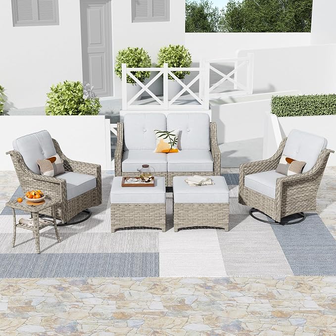 HOOOWOOO 6 Piece Patio Furniture Conversation Sets with Swivel Rocking Chairs,Outdoor Wicker Furniture with Ottoman,All Weather Resistant High Back Rattan Conversational Set(Light Grey Gray)