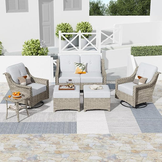 HOOOWOOO 6 Piece Patio Furniture Conversation Sets with Swivel Rocking Chairs,Outdoor Wicker Furniture with Ottoman,All Weather Resistant High Back Rattan Conversational Set(Light Grey Gray)