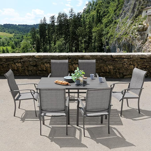 NUU GARDEN Outdoor Patio Dining Set 7 Piece Furniture Set Including 61"x37" Rectangular Outdoor Metal Patio Dining Table and 6 Gray Textilene Chairs for Garden, Patio and Poolside Backyards