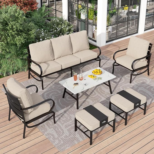PHI VILLA Patio Conversation Sets 6 Piece, Deluxe Outdoor Patio Set for 5-7 Person with 3 Seater Padded Deep Seating Bench, 2 Padded Armrest Sofa Chairs, 2 Ottoman and & 1 Coffee Table
