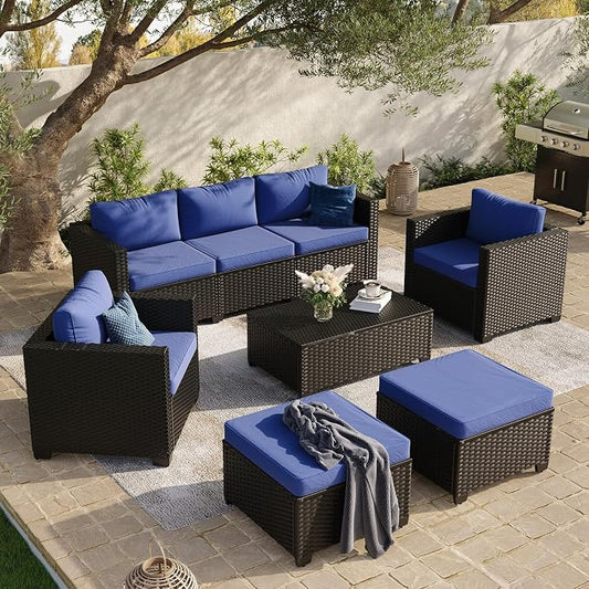 Aoxun 8 Piece Outdoor Patio Furniture Set 7 Seats, Outdoor Sectional with Thick Waterproof Cushions, Patio Conversation Sets for Garden,Backyard, Porch, Balcony, Deck, Black & Blue