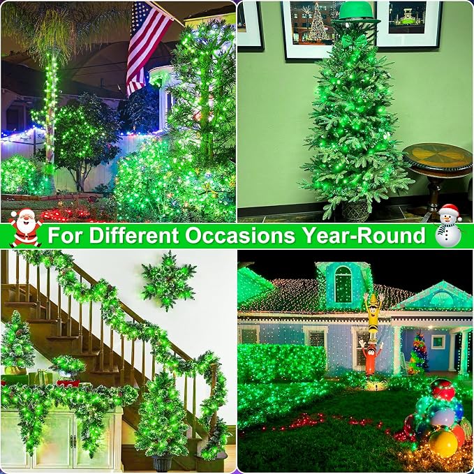 2 Pack Christmas Lights Outdoor, Total 200FT 600 LED Christmas Tree Lights | Green, 8 Modes Waterproof Plug in String Lights for Outside Indoor Yard Garden Xmas Party Holiday Decorations