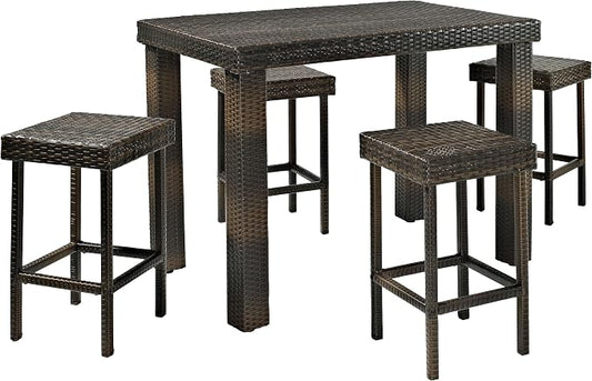 Crosley Furniture Palm Harbor 5-Piece Outdoor Dining Set for 4, Counter Height Wicker Patio Table and Stools, Brown