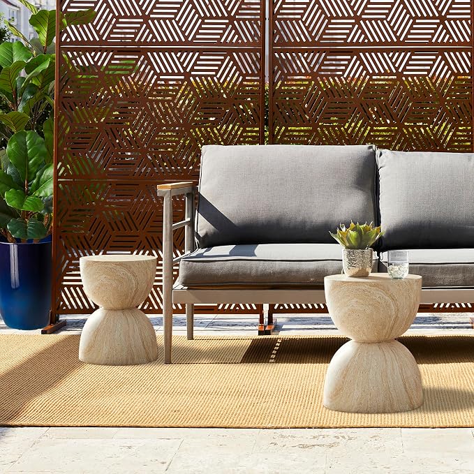 Glitzhome Outdoor Side Table, Round Small End Table with Terrazzo Finish MGO Hourglass Garden Stool, Set of 2 Lightweight Decorative Accent Table for Living Room Planter Stand Patio Backyard Porch