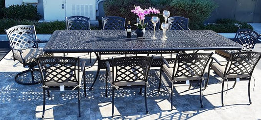 St Augustine Outdoor Cast Aluminum Powder Coated 11-Piece Dining Set with Extendable 48x132 Table (with 10 Swivel Rocking Chairs)