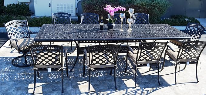 St Augustine Outdoor Cast Aluminum Powder Coated 11-Piece Dining Set with Extendable 48x132 Table (with 2 Rockers and 8 Regular Chairs)