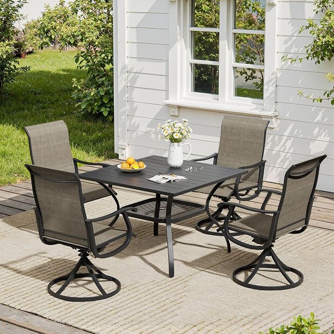 VICLLAX 5 Pieces Patio Dining Set, Patio Furniture Set of 4 Patio Swivel Dining Chairs and Square Patio Table with Storage Shelf, Mixed Brown Chairs & Black Tabletop