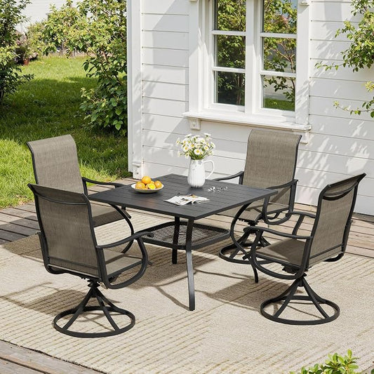 VICLLAX 5 Pieces Patio Dining Set, Patio Furniture Set of 4 Patio Swivel Dining Chairs and Square Patio Table with Storage Shelf, Mixed Brown Chairs & Black Tabletop