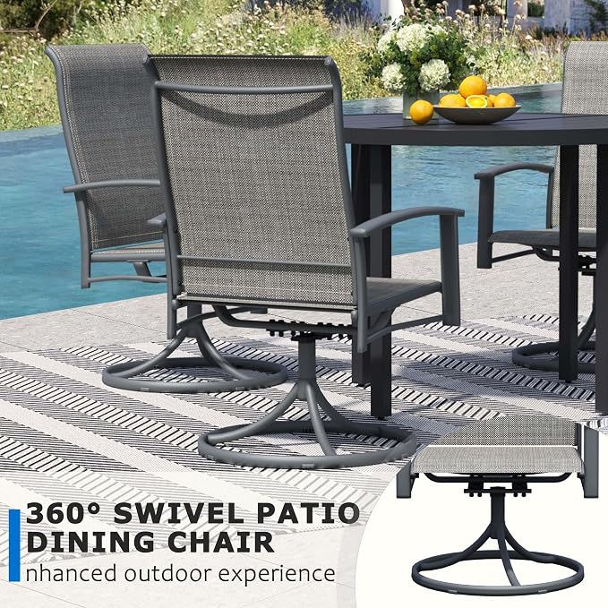9-Piece Outdoor Dining Set for 8 – 60" Black Round Patio Table with Umbrella Hole & 8 Grey Outdoor Dining Chairs with Armrests, Large Poolside Furniture