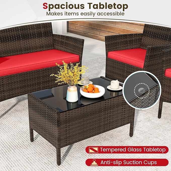 HAPPYGRILL 8 Piece Patio Furniture Set Rattan Wicker Conversation Set with Tempered Glass Top Table, Outdoor Wicker Sofa Set with Removable Cushions for Poolside Garden Backyard