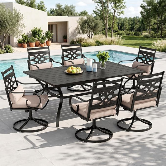 MFSTUDIO 7-Piece Patio Dining Set, 60" Metal Table, Swivel Chairs, Seats 6 | Umbrella Hole