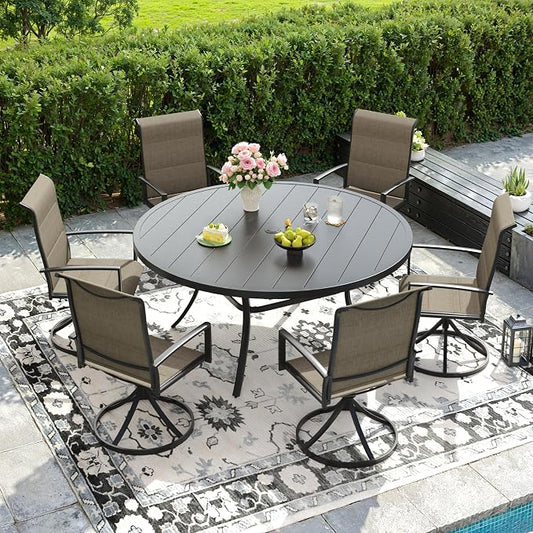 DIFY 7 Piece Outdoor Patio Dining Set for 6, 50" Black Round Metal Dining Table and Swivel Patio Chairs with Brown Padded Textilene, All-Weather Outdoor Furniture Set for Garden Backyard Porch