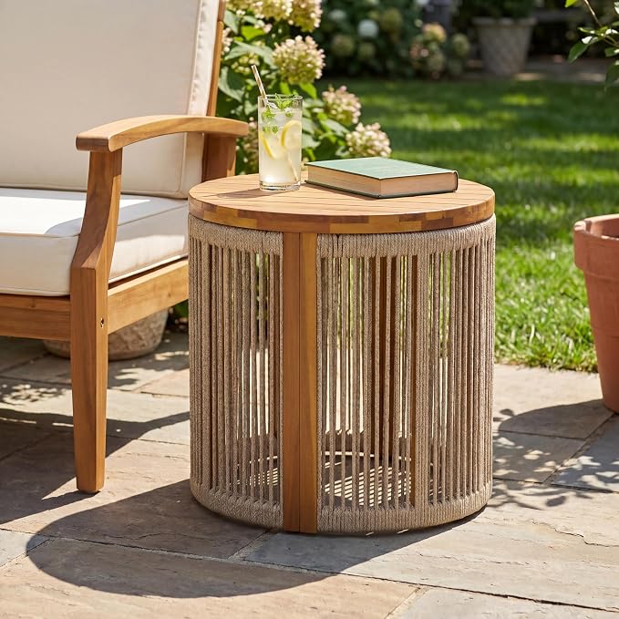 Teak Finish Acacia Wood Round Side Table with Multi Brown Color Rope, 25 lbs Weight Capacity, Weather-Resistant Accent Table for Patio Backyard Living Room