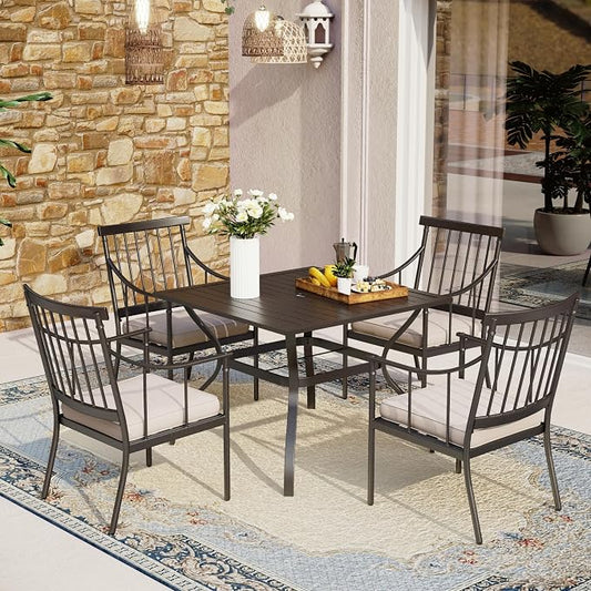 MFSTUDIO 5-Piece Patio Dining Set, 4 Metal Cushioned Chairs, Umbrella Hole | 37" Square Wood-Look Metal Table, Black