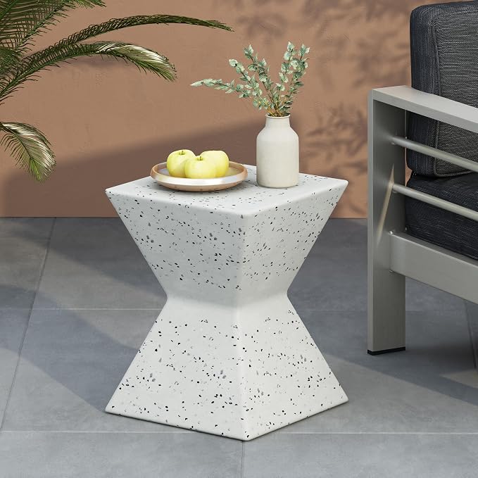 Christopher Knight Home Patio Lightweight Concrete Square Side Table, Outdoor Accent Coffee Table, Speckled Finish Perfect for Garden Balcony Living Room Modern Design Functional Furniture, White