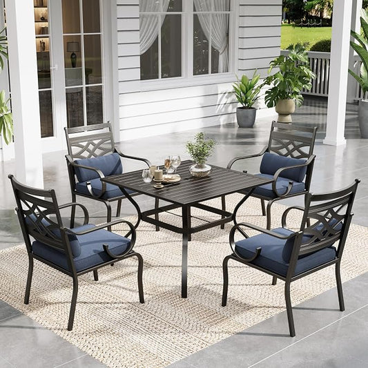Sophia & William Patio Dining Set, Steel, Black | Umbrella Hole, E-Coated, Cushions Included, For Patio, Garden and Yard
