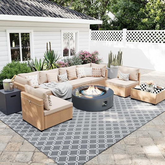 UPHA 9 Pieces Patio Furniture Sets, Wicker Outdoor Sectional Sofa Couch with Round Propane Pit for Deck Backyard Garden, Beige Rattan, Beige Cushion
