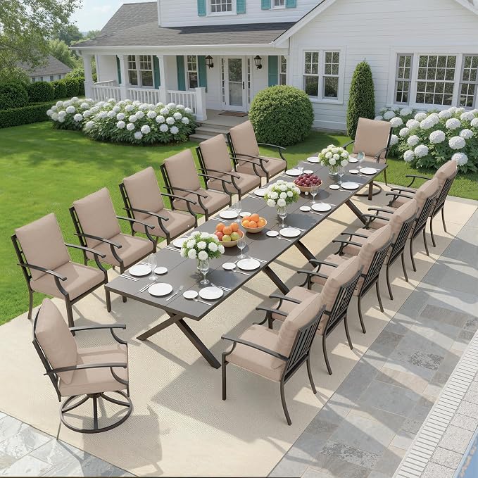 16 PCS Outdoor Patio Dining Set,Patio Table and Chairs Metal Outdoor Patio Furniture Set with Umbrella Hole,Dining Table Set with Swivel Chairs for Deck,Backyard and Garden,Brown