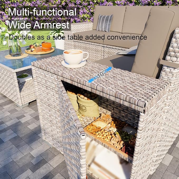 6-Piece Patio Furniture Set, Outdoor Extra Wide Armrest Modular Patio Sofa, Dual-Strand Rattan Wicker, Rust-Resistant Frame, Backyard High Back, Large Seat Furniture for Porch Garden Balcony, Khaki