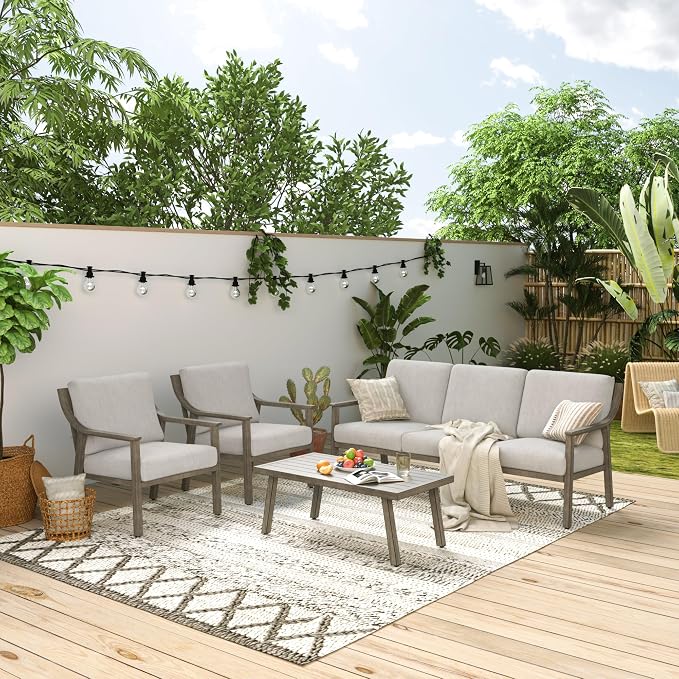 HAPPATIO 4-Piece Outdoor Patio Furniture Set for 5, Aluminum Outdoor Conversation Set Includes 1 Three-Seater Sofa, 2 Armchairs, and 1 Coffee Table, Perfect for Porch, Deck, Garden, (Grey)