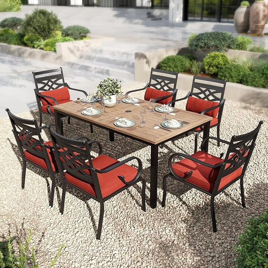 PHI VILLA Patio Dining Set, Metal Table | Metal chairs, Red Cushion, Umbrella Hole, Cushions, E-coated