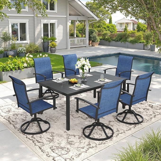 DIFY 7 Pieces Outdoor Dining Set, Metal Patio Table and Chairs Set for 6 with Umbrella Hole, 63" Black Rectangle Table and Blue Textilene Swivel Patio Chairs for Garden, Backyard, Poolside
