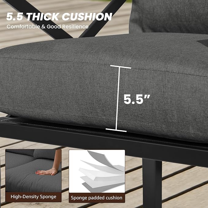 NATURAL EXPRESSIONS Outdoor Patio Furniture 4 Pieces Set, Modern Patio Conversation Sets, Outdoor Sectional Metal Sofa with 5.5 Inch Cushion and Coffee Table,Black