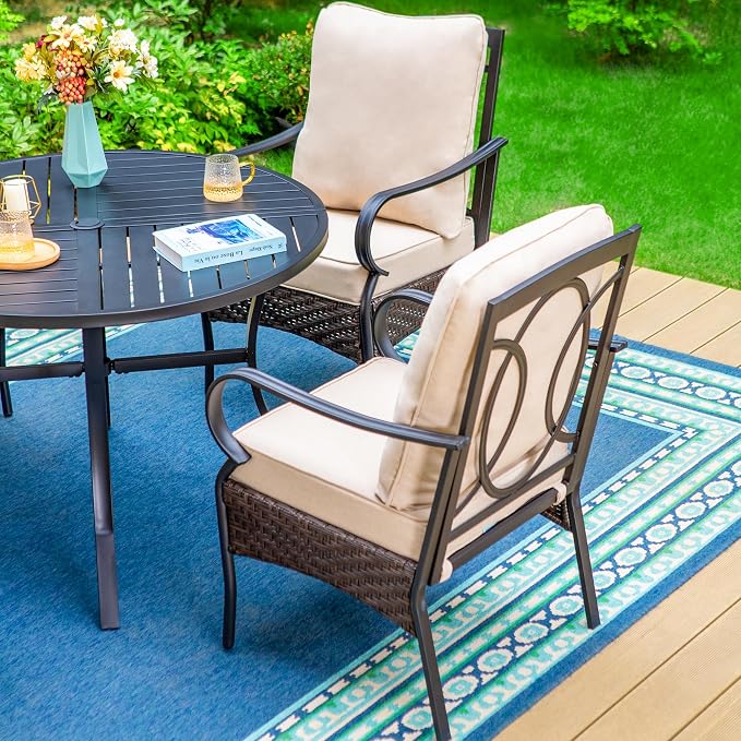 PHI VILLA Patio Dining Chairs Outdoor Wicker Chairs Set of 6 with Cushions | Heavy Duty Outdoor Metal Wicker Dining Chair with Padded Cushions, Large All Weather Wrought Iron Patio Chair for Balcony