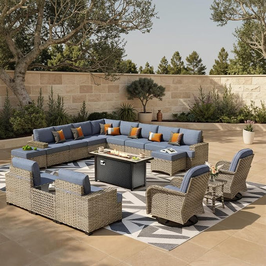 HOOOWOOO Sectional Patio Furniture Set with Fire Pit Table,17 Pieces Wicker Outdoor Furniture L Shaped Couch,Outside Conversation Set Extra Deep Sofa Wide Arm Swivel Chairs Ottoman Light,Denim Blue