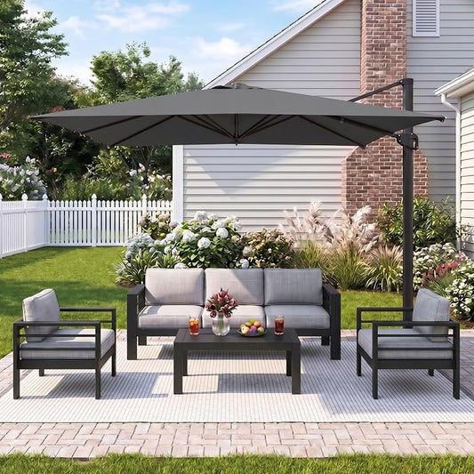 Wisteria Lane 5 Pieces Aluminum Patio Furniture Set with Umbrella, All Weather Oversized Outdoor Furniture Set with Deep Seat and Back Cushion, Patio Conversation Sets Wide armrest, Light Gray & Gray