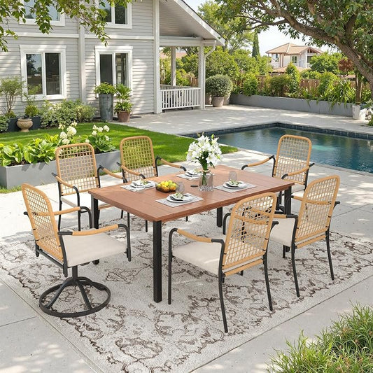 DIFY 7 Pieces Outdoor Dining Set for 6, 63" Walnut Rectangle Metal Table with 4 Stackable Wicker Patio Chairs & 2 Swivel Chairs, Patio Furniture Set with Cushions and Umbrella Hole, Wheat Rattan