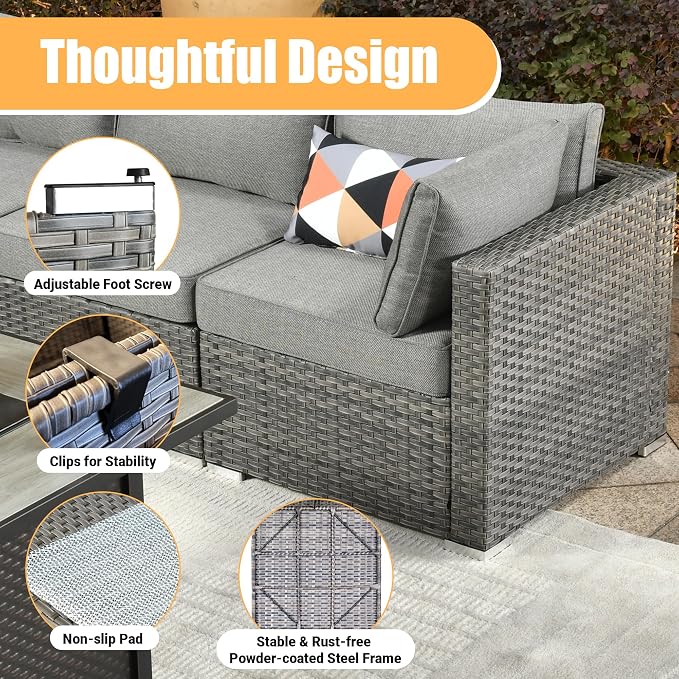 Weaxty 8 Piece Outdoor Sectional with Fire Pit Table, All Weather Wicker Patio Furniture Set with Swivel Rocker Chair Coffee Table, Thick Cushion Couch Conversation Sets for Garden Deck Backyard Gray