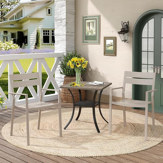 DIFY 3 Pieces Outdoor Patio Dining Set for 2, 27.6" Small Grey Wood-Like Square Metal Dining Table and 2 Sandshell Patio Stackable Chairs with Metal Frame, Outdoor Table and Chairs for Garden Porch