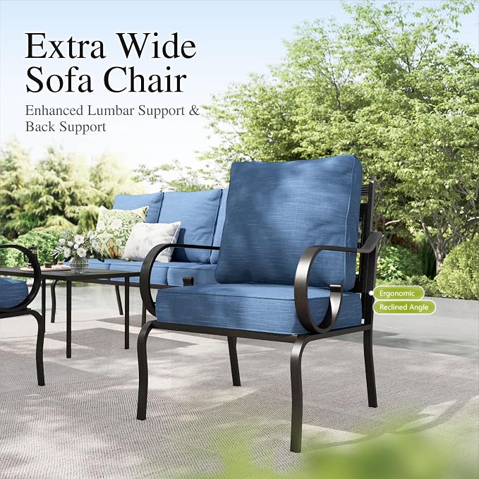 Sophia & William Patio Conversation Set for 5, 3-Seater Sofa, 2 Fixed Chairs and a Coffee Table, Metal Outdoor Furniture with 5.75" Extra Thick Cushions, Navy