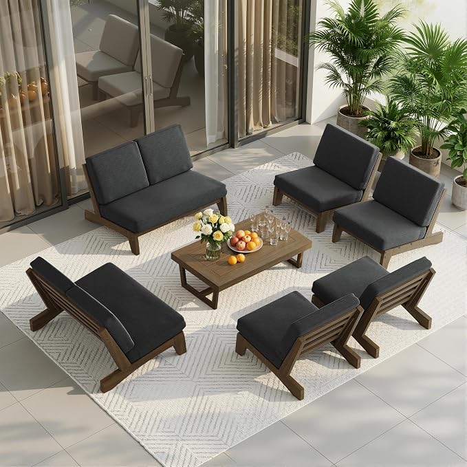 7 Pieces All Weather Wood Patio Furniture Sets, 2 Patio Loveseat, 4 Patio Bistro Chair, Outdoor Sectional Sofa Furniture Backyard Conversation Set with Coffee Table - Dark Gray