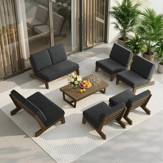 7 Pieces All Weather Wood Patio Furniture Sets, 2 Patio Loveseat, 4 Patio Bistro Chair, Outdoor Sectional Sofa Furniture Backyard Conversation Set with Coffee Table - Dark Gray