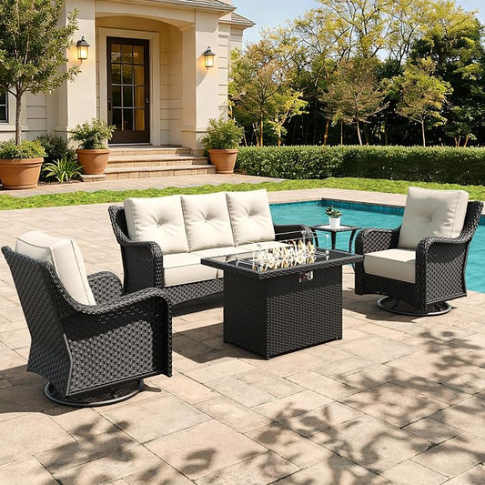 5 Pieces Outdoor Furniture Set with 6-inch Cushions, High Back Wicker Swivel Rocker Chairs with Fire Pit Table, Luxury Conversation Set for Deck Patio and Poolside