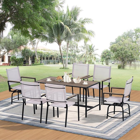 7 Piece Patio Furniture Set High Top Table and Chairs Outdoor Bar Table Set with 6 Stackable Textilene Chairs Large Rectangular Table Brown Outdoor Dining Set for Garden Yard Poolside Backyard Patio