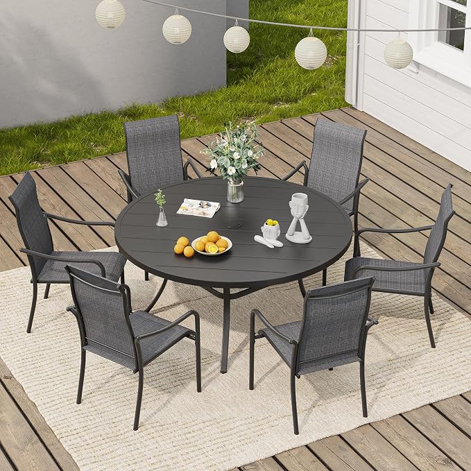 VICLLAX 47.2" Round Patio Table, Outdoor Dining Table for 6 with Umbrella Hole for Garden Lawn Deck Backyard, Black