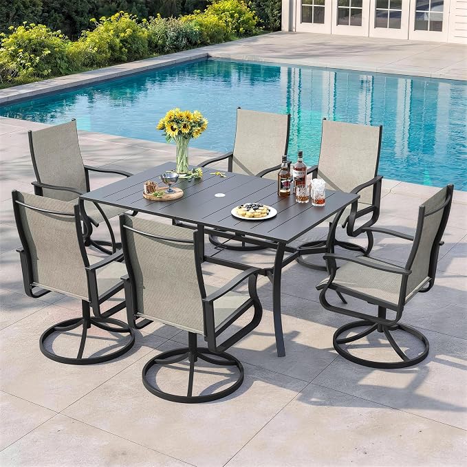 7 Pieces Patio Dining Set, Patio Outdoor Furniture Set of 6 Patio Swivel Dining Chairs and Patio Spliced Rectangular Tabletop with Umbrella Hole, for Deck, Backyard, Poolside & Garden
