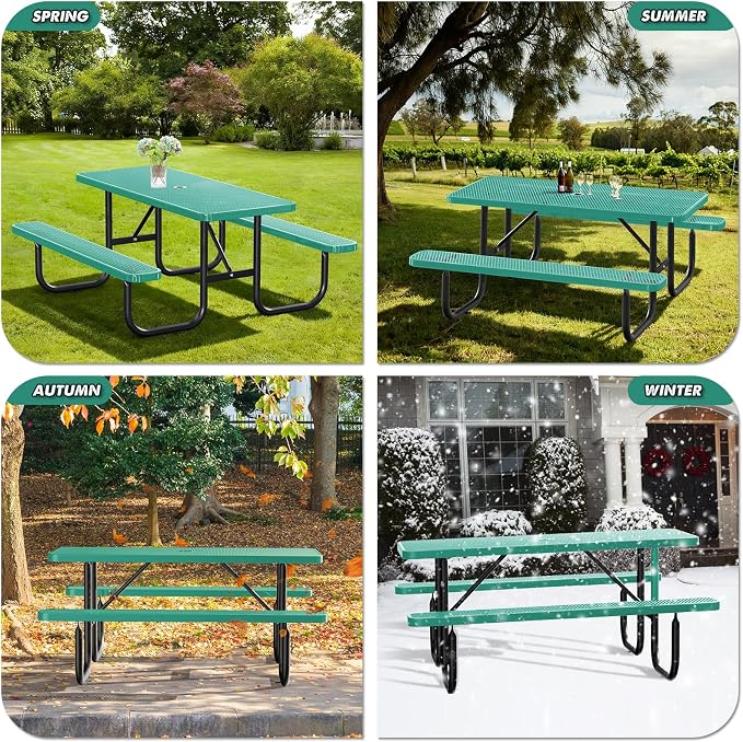6FT/72IN Heavy Duty Outdoor Picnic Table and 2 Benches for 4-8 People, Weather Resistant Rectangular Steel Picnic Table Set with Umbrella Hole for Yard Patio Lawn Party Green