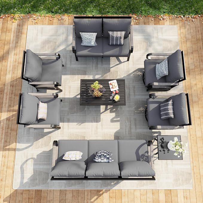8 Pieces Patio Conversation Sets, All Weather Metal Outdoor Furniture Set Includes 3-Seater 2 Swivel Rockers with Side Table and Loveseat with Coffee Table 2 Single Chairs for Backyard Poolside, Gray