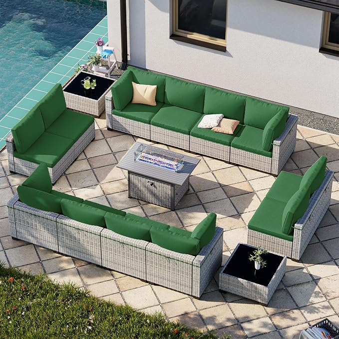 15-Piece Patio Furniture Set, Outdoor Patio Furniture with 55,000 BTU Fire Pit Table, Thick Cushions, Modular Patio Sofa, Dual-Strand Wicker Rattan, Rust-Resistant Frame, Dark Green