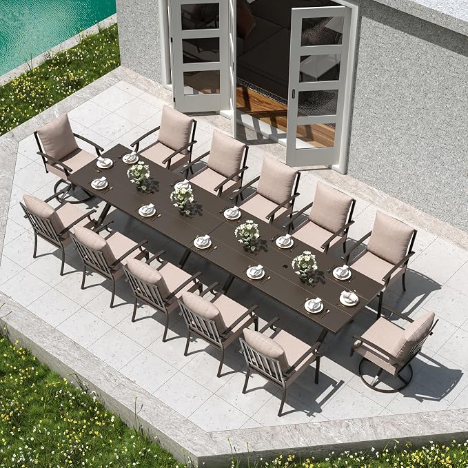 Kullavik 14PCS Outdoor Dining Set,Patio Dining Table and Chairs Set for 12,Fence Pattern Back Chairs with Thickened Cushions & Rectangular Metal Dining Table with Umbrella Hole for Patio,Sand