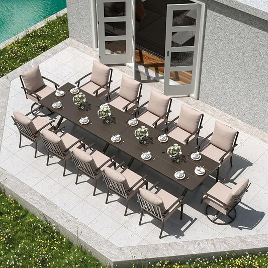 Kullavik 14PCS Outdoor Dining Set,Patio Dining Table and Chairs Set for 12,Fence Pattern Back Chairs with Thickened Cushions & Rectangular Metal Dining Table with Umbrella Hole for Patio,Sand