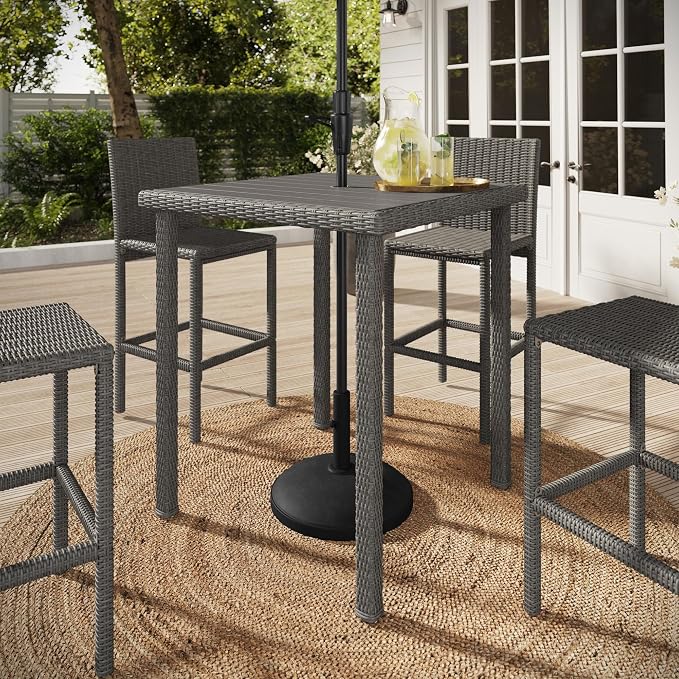 Martha Stewart Bedford 37” Square Indoor-Outdoor Patio Bar Height Table with Faux Wood Top and Rattan Wicker Finish in Brown
