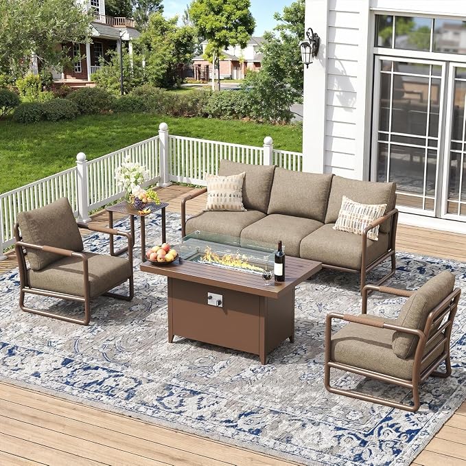 5-Seat Aluminum Patio Conversation Set, Modern Outdoor Sofa with Oversized Fire Pit Table (Glass Wind Guard), 6.5" Thick Cushions, All-Weather for Balcony, Garden (Brown)