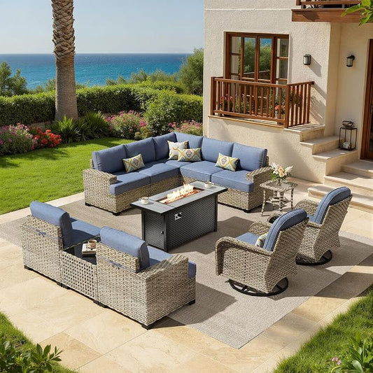 HOOOWOOO Sectional Patio Furniture Set With Fire Pit Table,12 Pieces Wicker Outdoor Furniture L Shaped Couch,Outside Conversation Set Extra Deep Seat Sofa Wide Arm Swivel Chairs Solar Light,Denim Blue